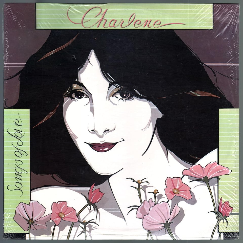 The cover of Songs of Love by Charlene: a woman with milk-white skin and black hair, drawn by Patrick Nagel in a very new-wave style, with pink flowers at the bottom and green stripes on the side