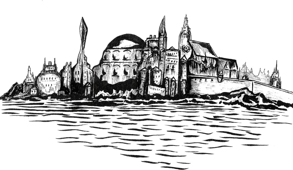 Black and white spot art of the skyline of a medieval city with weird towers and domes.