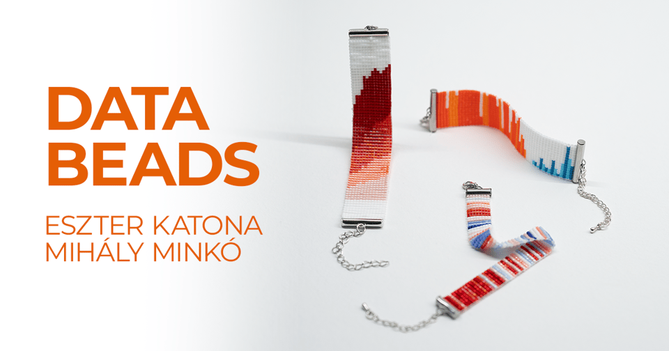 A photo of three bead bracelets, each with rows of beads -- colored red, blue, orange, pink, against a backdrop of white beads -- that look like lines of a dataviz. On the right is the text "Data beads" with two names below: "Eszter Katona" and "Mihaly Minko"