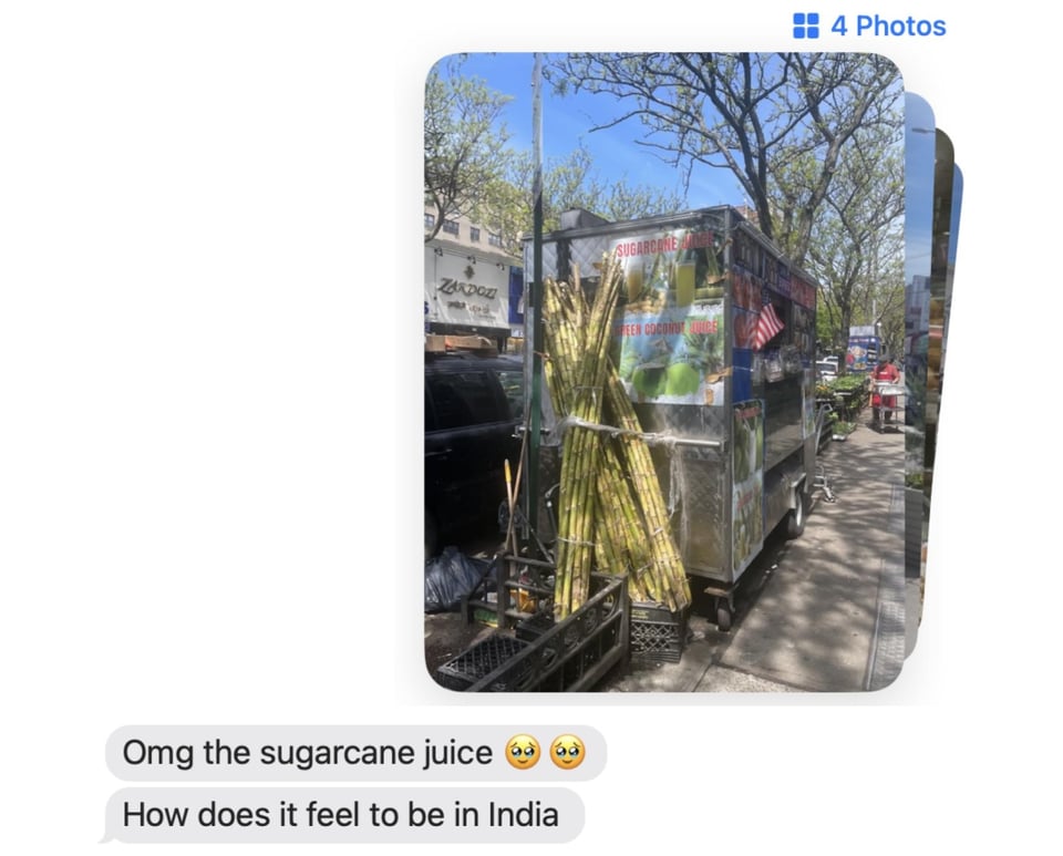a text from Kbaby enjoying the photo of sugarcane juice