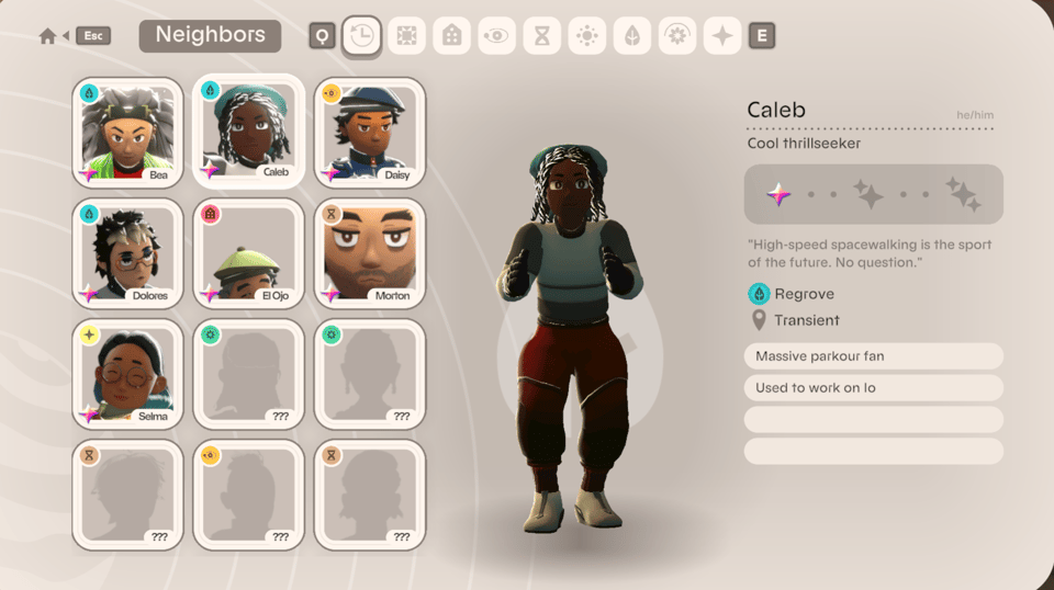 Our Neighbors app with the profiles of several Jovians already met, as well as some grayed out profiles of Jovians we haven't met.