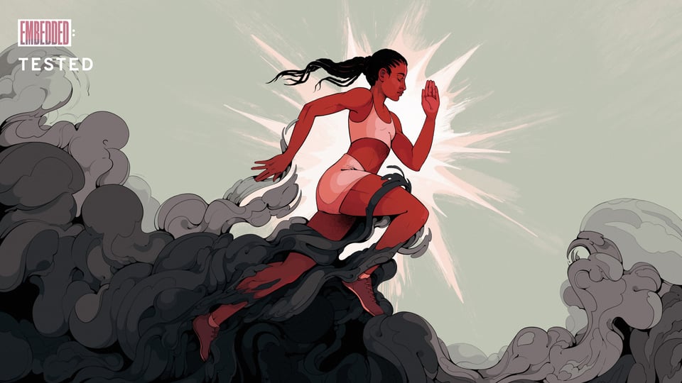 An illustration showing an athlete in side profile. To her left there is a bunch of swirling grey and black smoke, twisting around her legs.
