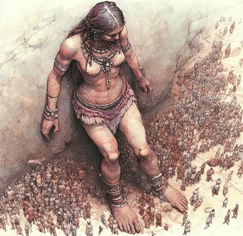 AI-generated image of a giantess standing among a crowd of tiny people. The artwork is in earth tones and the artistic style is reminiscent of Moebius. The giantess is dressed in Mesoamerican tribal gear, leaning back against a large stone wall, staring down at the throngs of tiny villagers swarming around her feet.