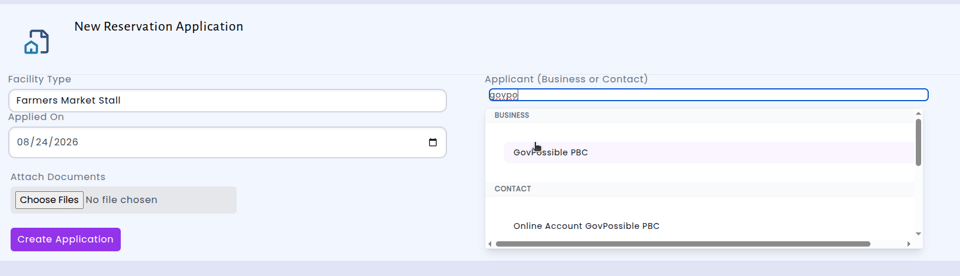 New Reservation application, searching for govpossible and illustrating the applications can be for a business or an individual