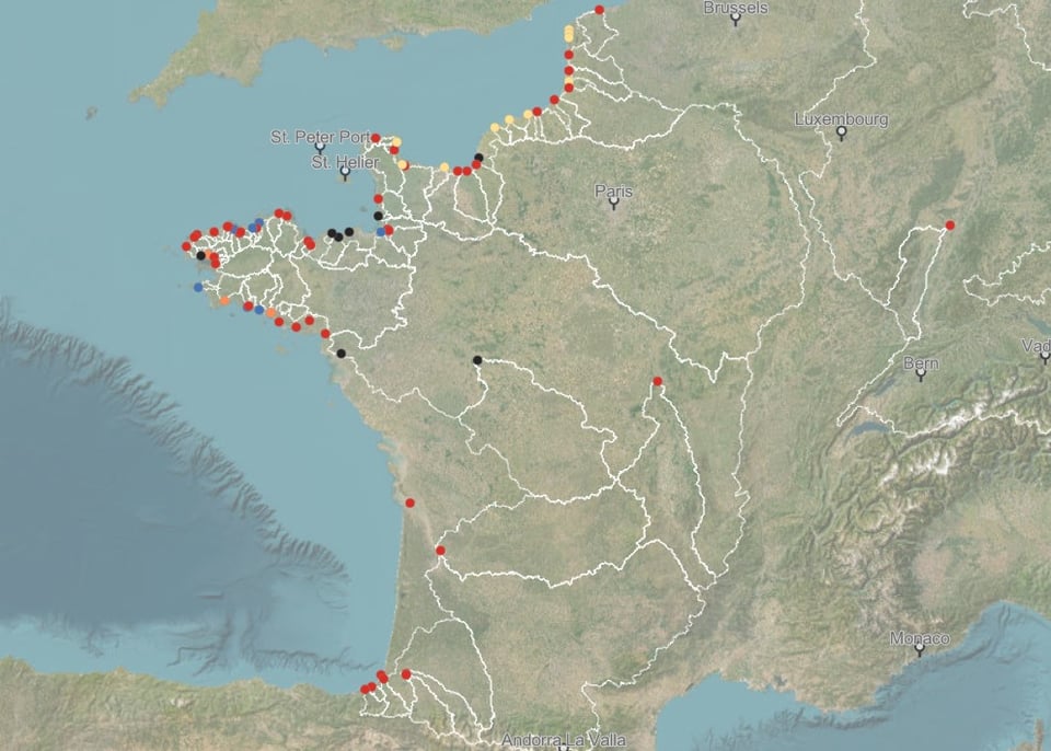 Statuts des rivières à saumons françaises = bleu (risque faible), jaune (risque inconnu), orange (risque modéré) rouge (risque élevé), noir (le saumon a disparu). Source : https://nasco.int/nasco-wild-atlantic-salmon-atlas/