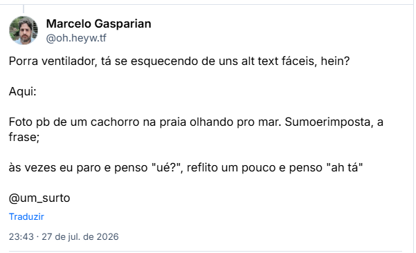 Post de Marcelo Gasparian (@oh.heyw.tf): Porra ventilador, tá se esquecendo de uns alt text fáceis, hein? Aqui:
Foto pb de um cachorro na praia olhando pro mar. Sumoerimposta, a frase;
às vezes eu paro e penso "ué?", reflito um pouco e penso "ah tá"
@um_surto