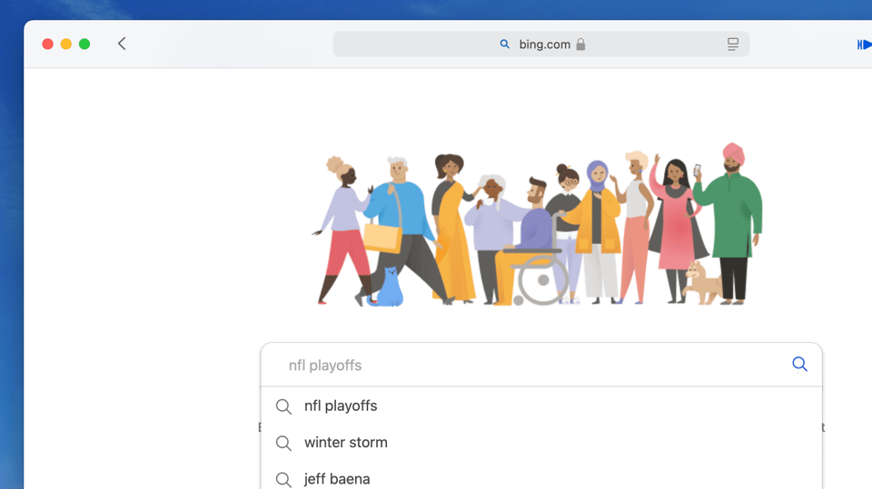 A screenshot of a browser window open to a Bing.com search for the word "Google" The result : a fake Google landing page, complete with Google Doodle.