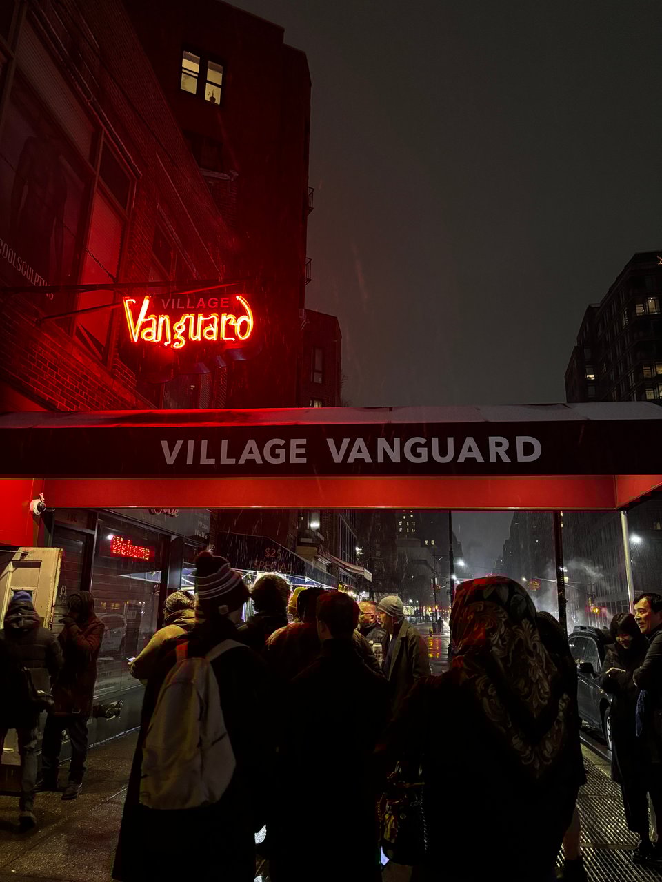 winter exterior of the Village Vanguard jazz club in Greenwich Village, New York City