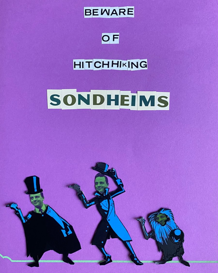 A collage Justin made of the three hitchhiking ghosts but they're all Stephen Sondheim. Text above reads Beware of Hitchhiking Sondheims.