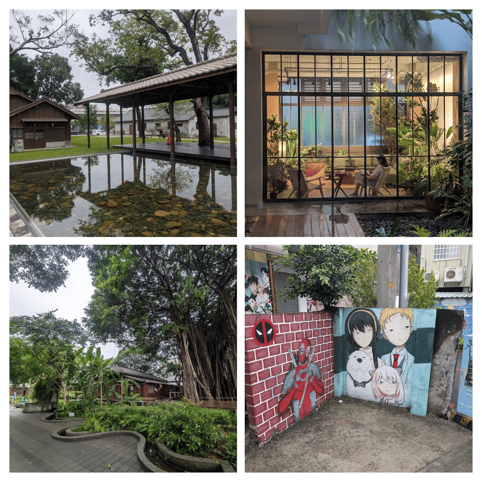 A collage of four Taichung images. One is a still clear artificial pond in front of a gazebo with trees above and a grey sky behind. One is a large window looking into a hotel lobby with a ton of plants around it. One is the edge of a park where a wavy plant bed sits between a sidewalk and a banyan tree, with a partially obscured Japanese-style house behind. The last image are two small freestanding walls with graffiti: one has Deadpool giving a heart sign, the other has Spy Family making silly eyes.