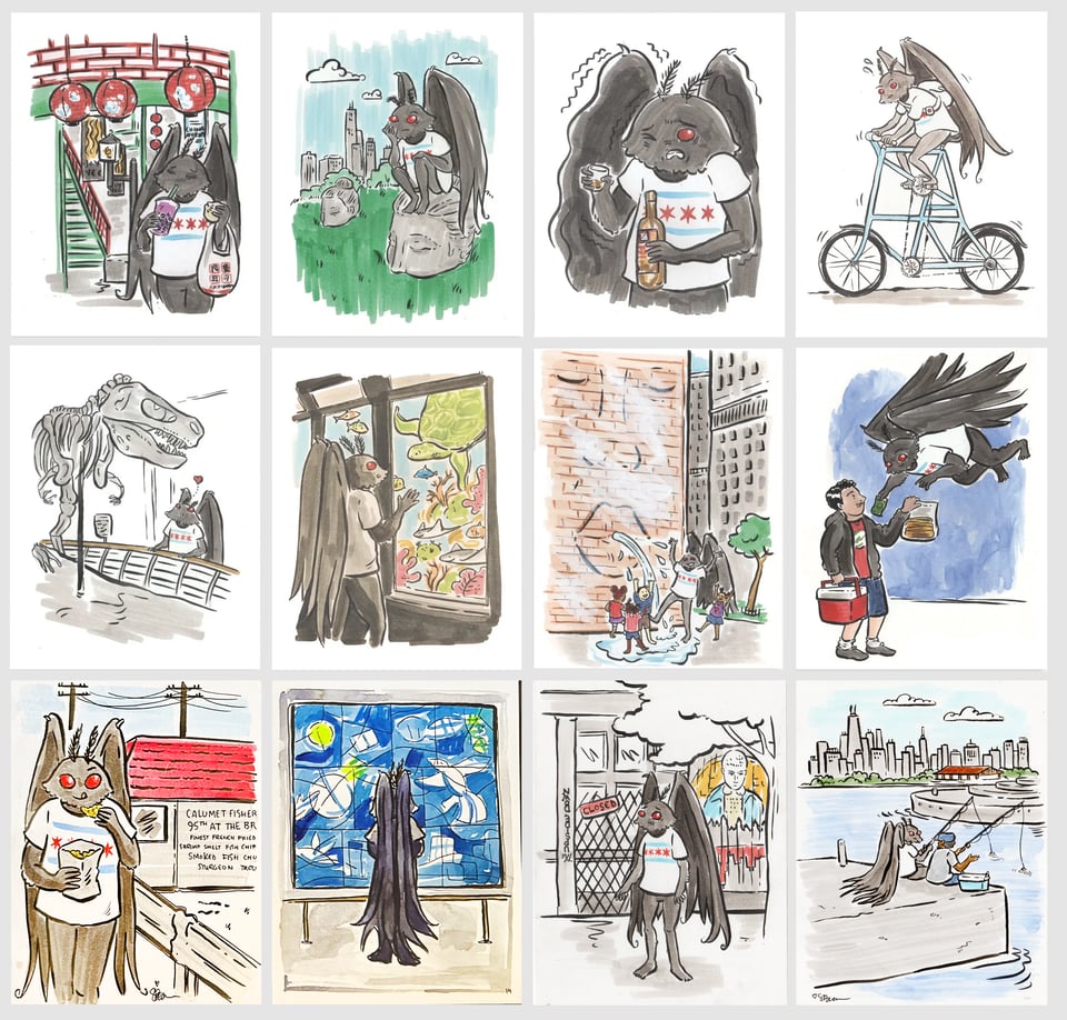 Twelve of my chicago mothman drawings in a grid, showing the mothman dressed in a chicago flag tee at different tourist spots in chicago