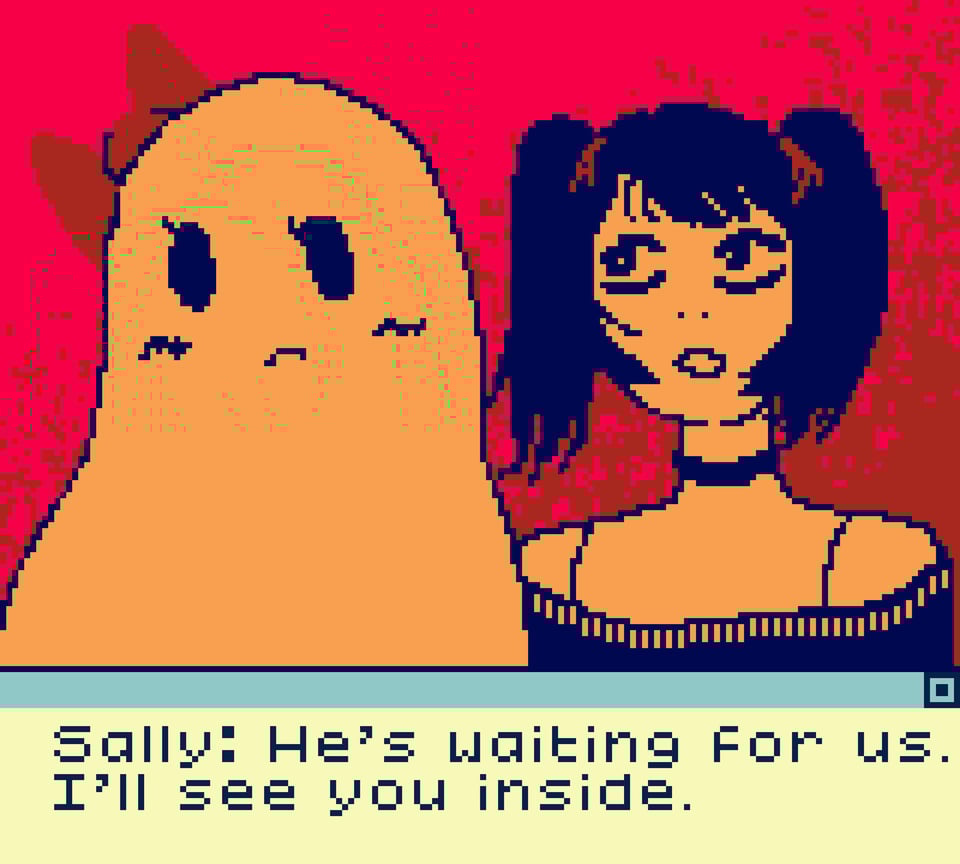 Screenshot from He Fucked The Girl Out Of Me. It’s square and pixelated because it’s made for gameboy. We can see a ghost with a red bow and a worried look next to a girl with pigtails and a choker seemingly talking to her. At the bottom of the screen, a text window says: “Sally: He’s waiting for us. I’ll see you inside.”