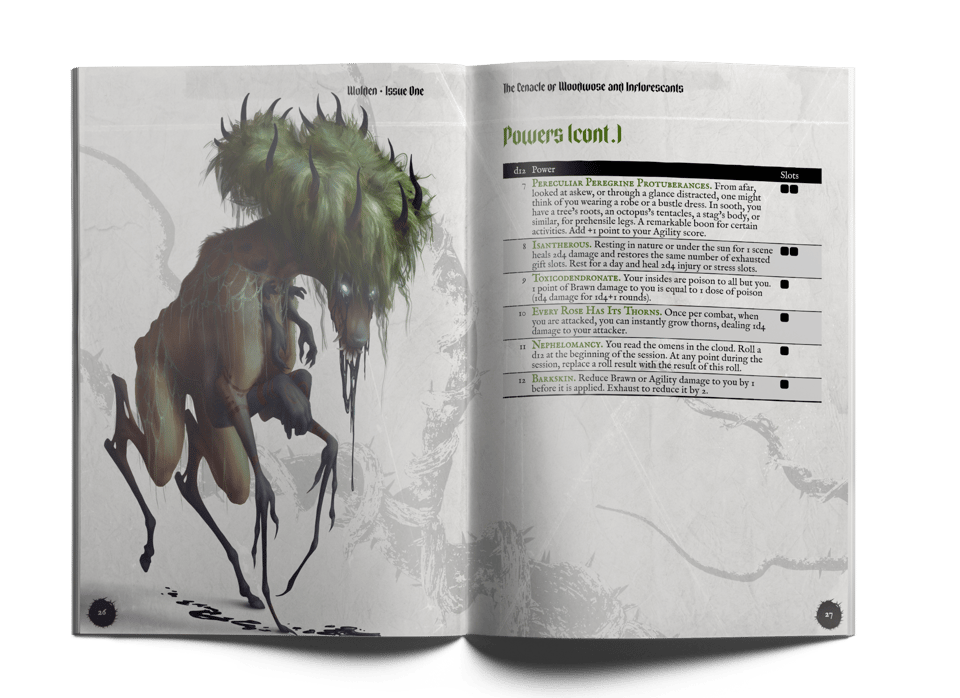 A forest thing of horns and legs and arms, and part of a table of powers.