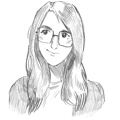 pencil portrait of a woman with long dark straight hair. She’s looking up and is wearing big square glasses. She’s wearing a cardigan.
