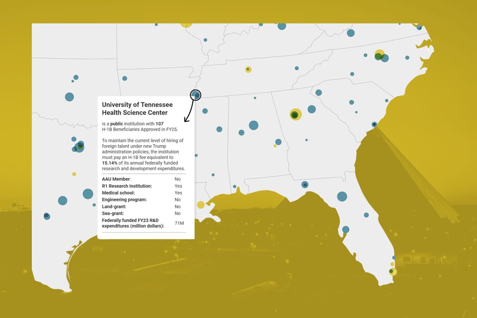 Map of the Southeastern United States with the tooltip: University of Tennessee Health Science Center is a public institution with 107 H-1B beneficiaries approved in FY25.  To maintain the current level of hiring of foreign talent under new Trump administration policies, the institution must pay an H-1B fee equivalent to 15.14% of its annual federally funded research and development expenditures. AAU Member:  No R1 Research Institution: Yes Medical school: Yes Engineering program:    No Land-grant:  No Sea-grant:   No Federally funded FY23 R&D expenditures:  $71M
