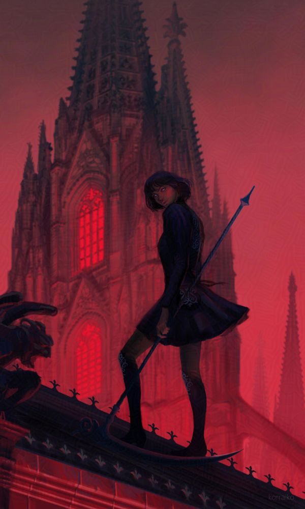 The digital illustration showing a woman in a dark dress holding a scythe. The cathedral and red sky are in the background