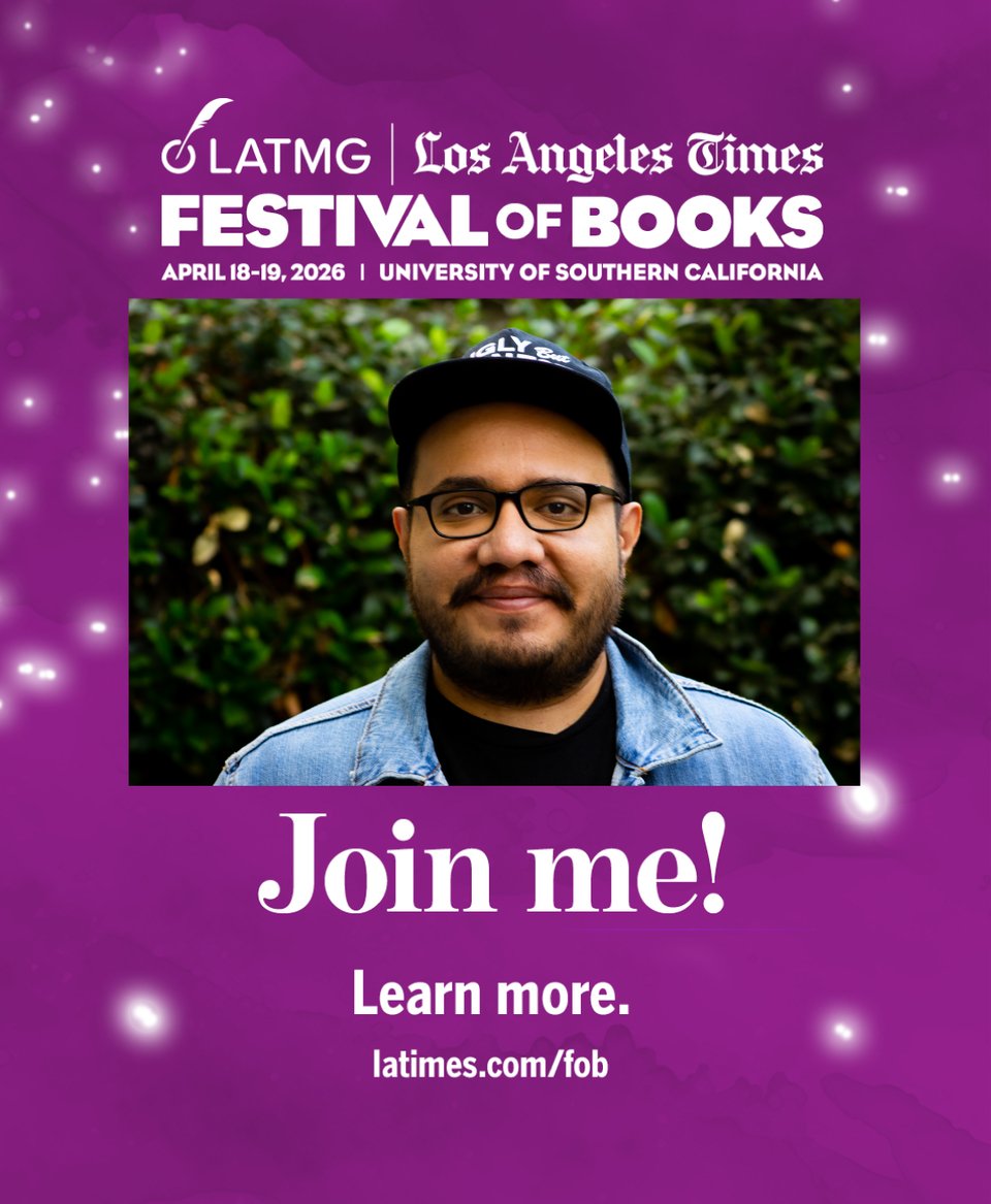 LATM Los Angeles Time Festival of Books April 16-18, University of Southern California. Author photo of Henry Barajas. Join Me! Learn More. latimes.com/fob. purple/violet gradient with white stars in the background.