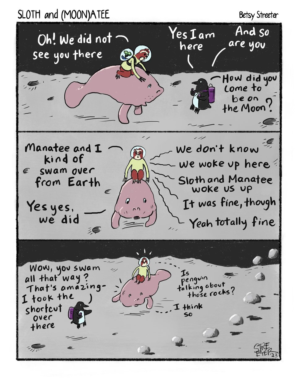 Comic of Sloth and Manatee talking with a penguin on the moon