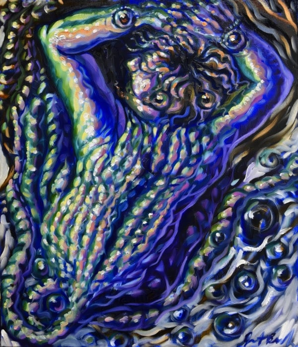 Painting of an iridescent blue alien with a scaled body, arms with round eyes on them, radial tendril mouth, and segmented tentacles.