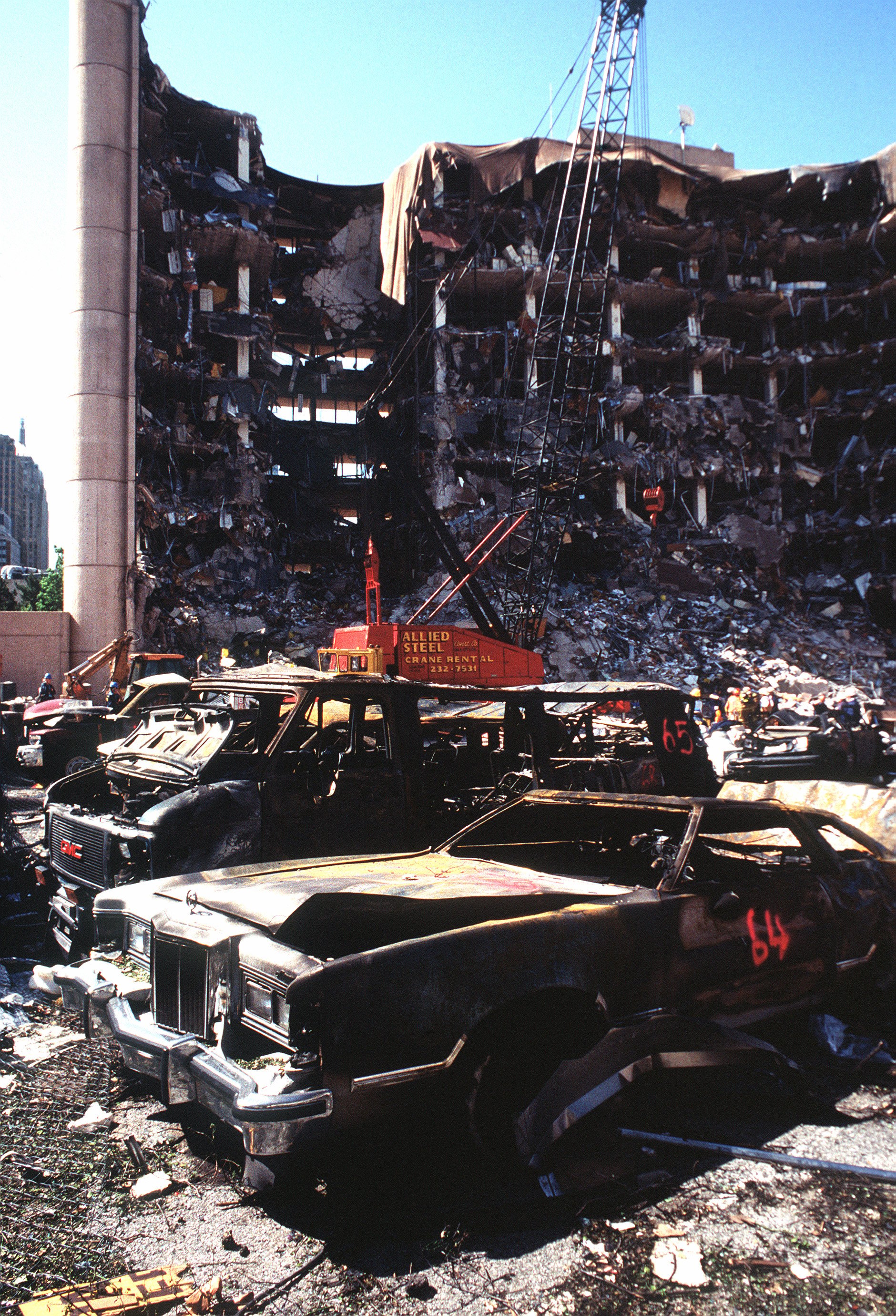The Alfred P. Murrah Federal Building two days after the April 19, 1995 bombing, viewed from across the adjacent parking lot