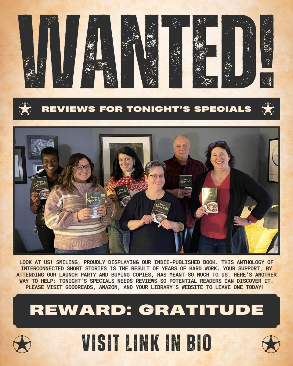 Wanted-style poster featuring the 6 authors of Table for 7 smiling and holding copies of the paperback anthology