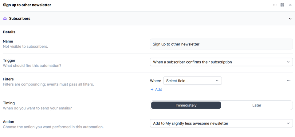 The Buttondown Automations builder, showing the 'When a subscriber confirms their subscription' trigger and the 'Add to My Slightly Less Awesome Newsletter' action