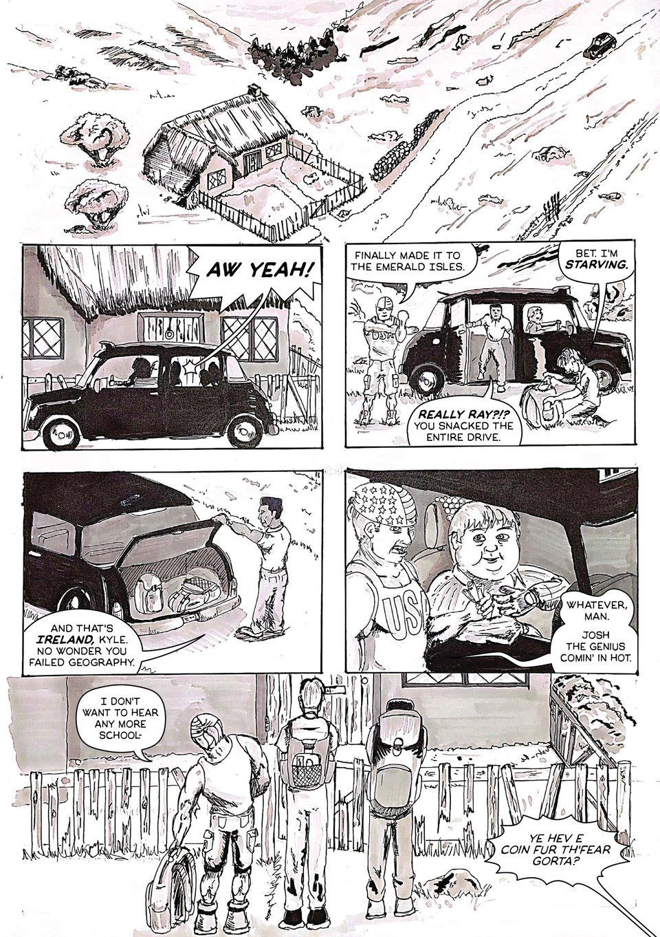 A grayscale comic book page. A black taxi pulls up to rural cottage in Ireland and out comes a group of three American college students.