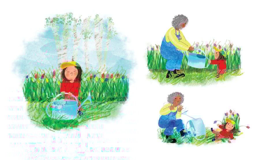 More refined sketch of a spread from I Am Strong Just Being Me, showing Bean struggling with a watering can and Nanna trying to help