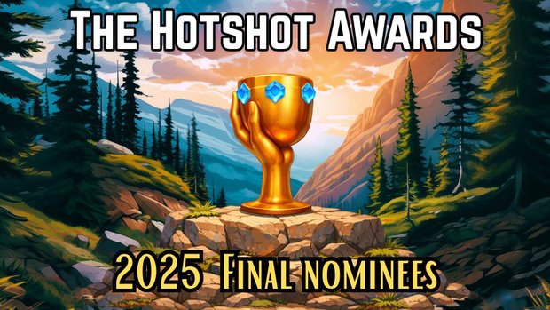 A jeweled golden chalice in the shape of a hand holding a cup stands in a majestic mountain landscape.
Text: The Hotshot Awards 2025 Final Nominees