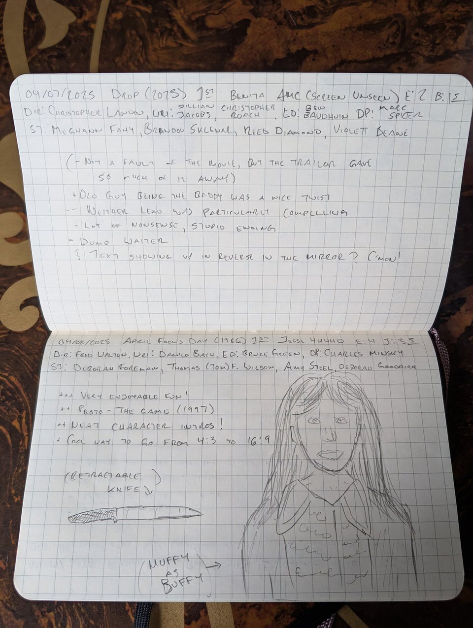 A quad-ruled notebook with handwritten notes/drawings about the movies Drop and April Fool's Day.