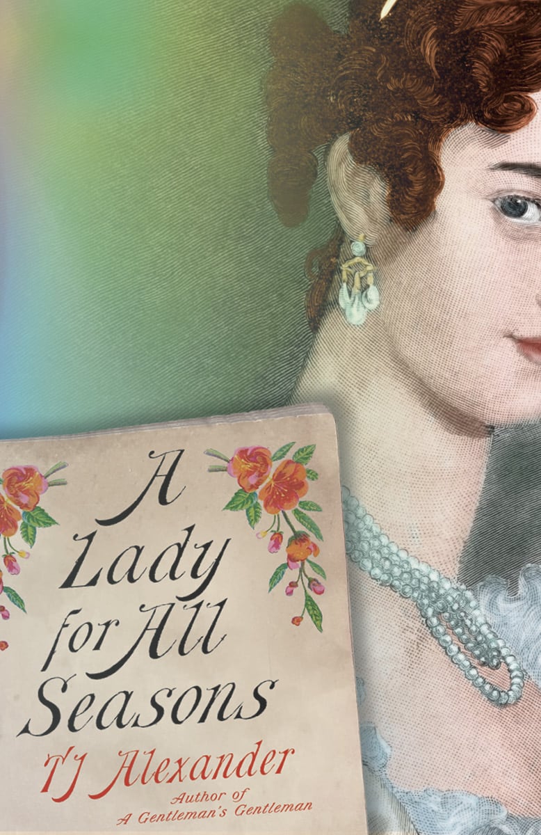 An illustrated cover of a woman in Regency clothing staring out at the viewer. Half her face is visible.