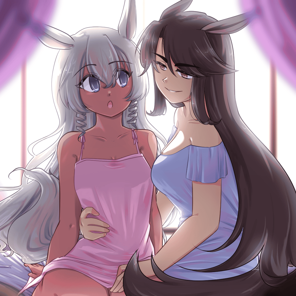 magenta and monochrome sitting next to each other early in the morning with horse ears and tails