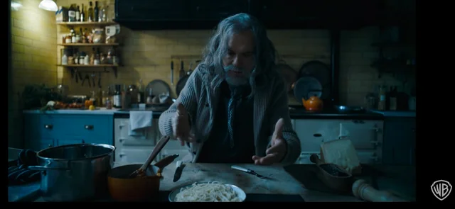 Michael Keaton doing his darndest to sell spaghetti exposition