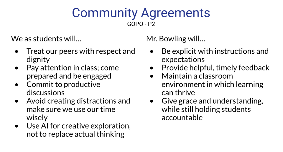 This is a screenshot of the Community Agreements for one of my classes addressing what I expect from them and what they can expect from me