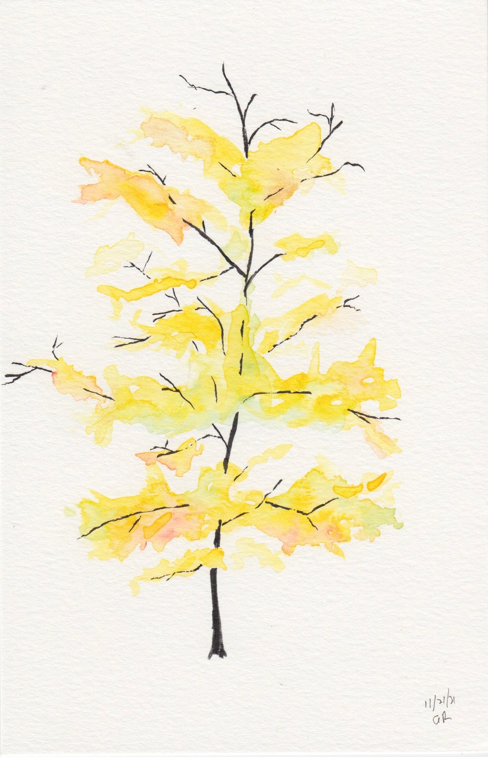 watercolor of a little tree in autumn; the limbs and trunk are black, and the leaves are nimbuses of gold with green & red shot through