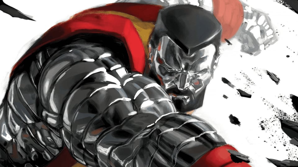 a shot of a bearded Colossus, punching something off panel