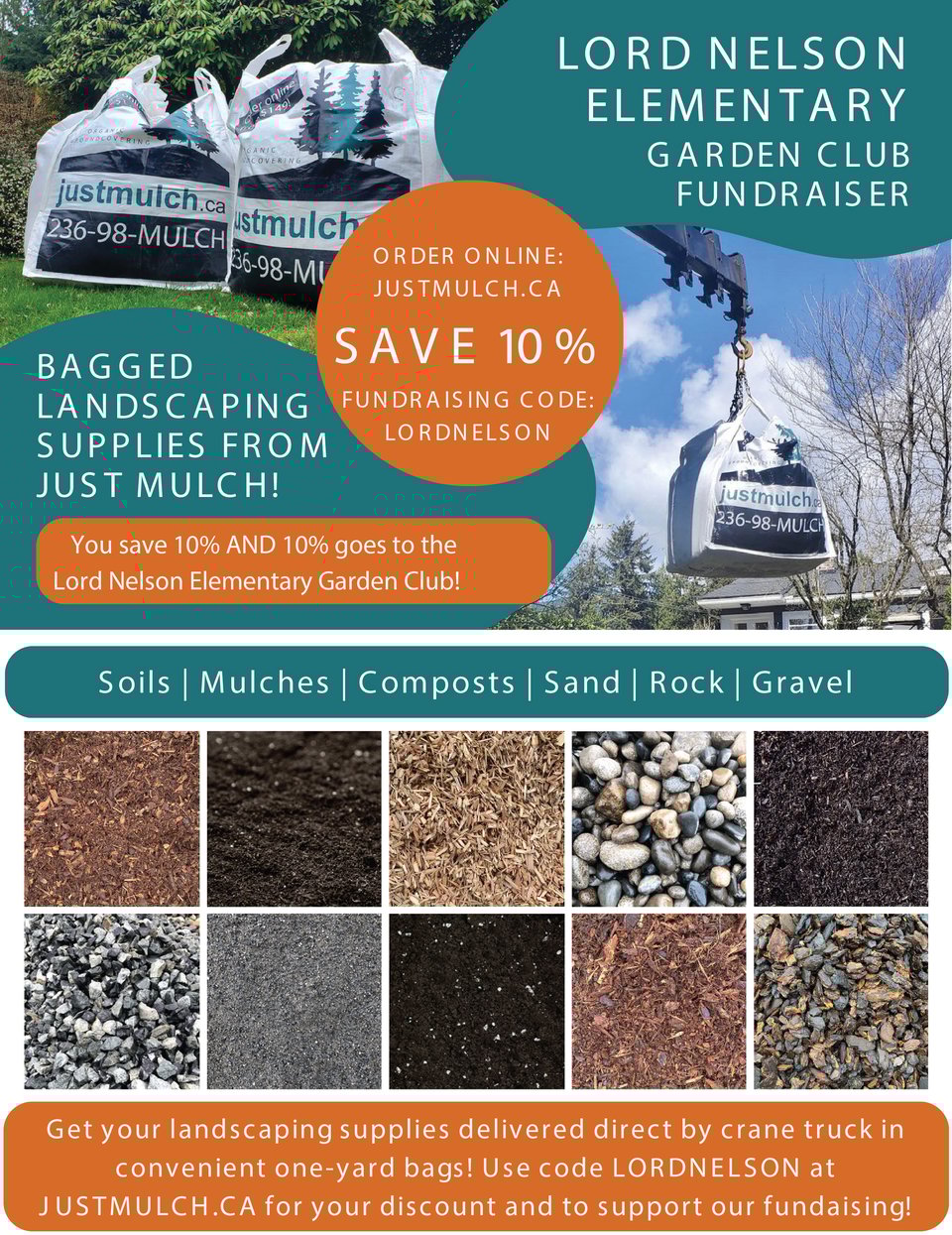 The flier for our justmulch.ca promotion. Use the code LORDNELSON to get 10% off and 10% for the garden club..
