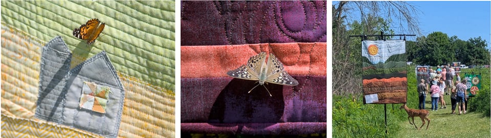 Lepidoptera checking out the quilted prairie life. Left: An American Lady butterfly on Susan Handwerk’s “Prairie Sunset Over Fields.” Center: A Hackberry Emperor butterfly on Joanne Krig’s “Power of No Fear.” Right: A fawn was just checking out behind Susan Smith’s “Fabric of the Prairie.” / Photos by David Ender