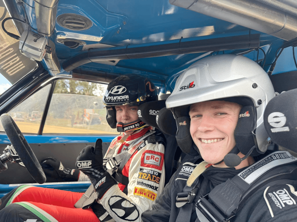 James McIver in the passenger seat with Hayden Paddon