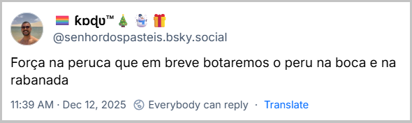 Post de 🏳️🌈 ƙɒɖʋ™🎄☃️🎁 (@senhordospasteis.bsky.social) com o texto: Força na peruca que em breve botaremos o peru na boca e na rabanada