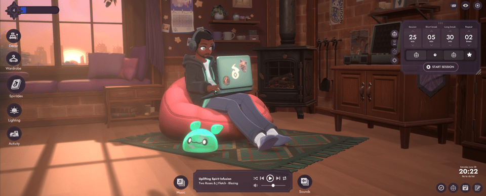 A screenshot from Spirit City: Lo-Fi Sessions, featuring my customized character sitting on a beanbag chair working on his laptop. Behind him is a large bay window with the setting sun over a cityscape, and around him is a rustic fireplace and a dresser with a record player sitting on it. A blue slime spirit is on the floor next to the bean bag chair.