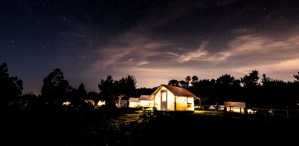 Nighttime skyline of glowing cabins under dark trees, a lush California landscape.