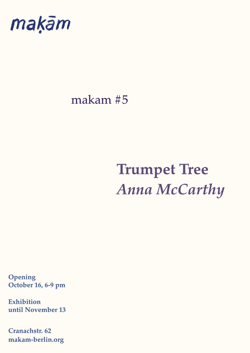 Flyer for makam #5: Anna McCarthy - Trumpet Tree