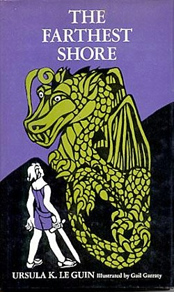Cover of Le Guin's The Farthest Shore, featuring a line drawing by Gail Garraty