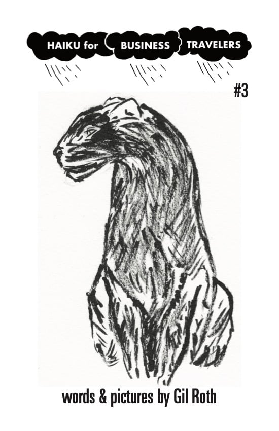 brush-pen sketch of a seated panther, with the logo for "Haiku for Business Travelers" above it