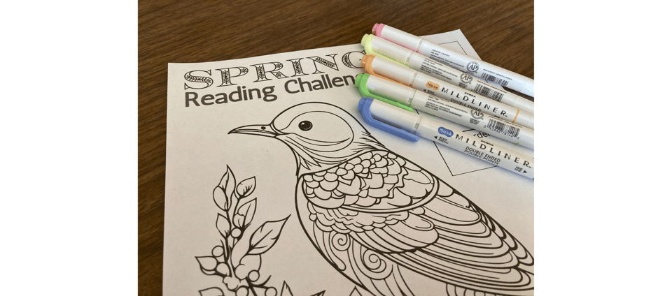 the spring reading challenge bird coloring page with spring colored markers