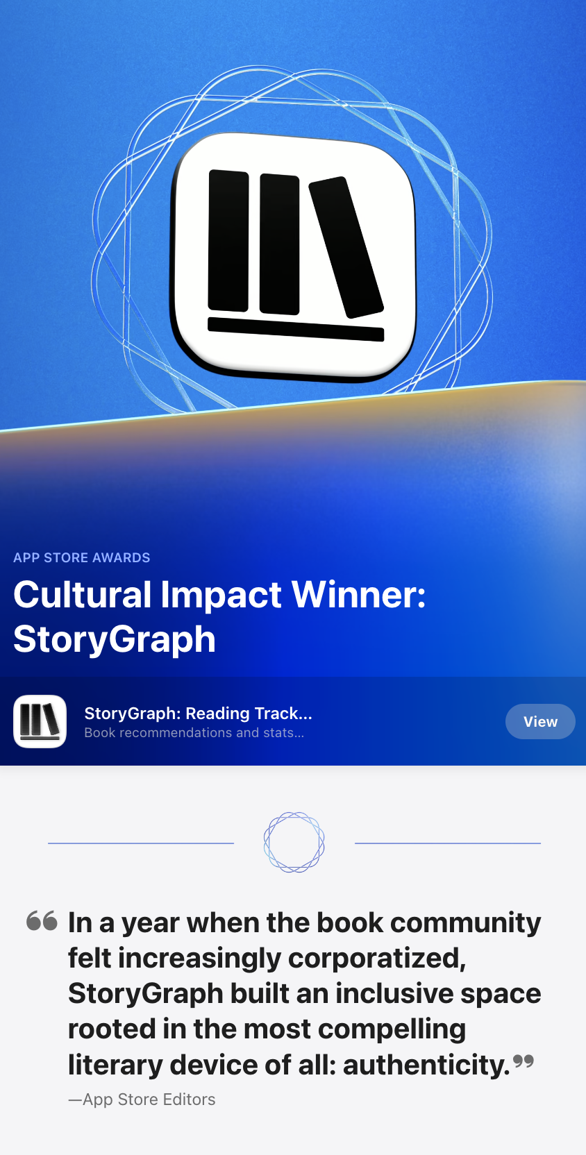 Apple App Store editorial card announcing “Cultural Impact Winner: StoryGraph.” The StoryGraph app icon appears on a blue gradient background with App Store Awards branding.