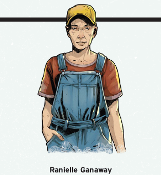 a woman, a janitor in blue dungarees with a yellow baseball cap and a sour, hard lived face