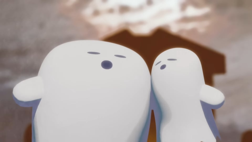 Two cartoon ghosts lean together as they sing in harmony