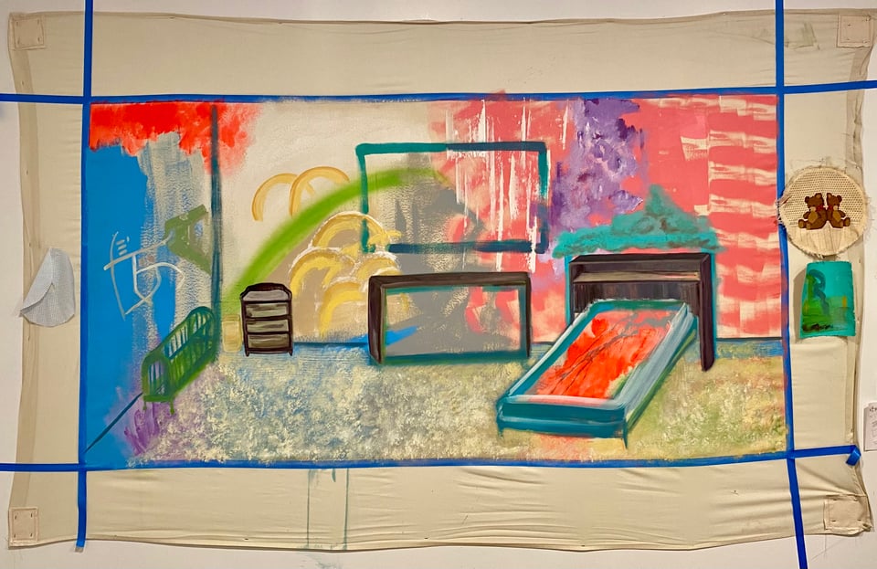 An abstracted background with a bed and blocks of other interior furniture to be laid in